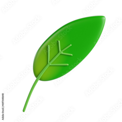 3D Rendered Glossy Green Single Leaf with Visible Veins Illustration