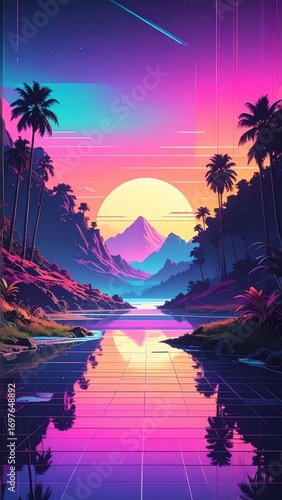 Vibrant Sunset Reflection Over Serene Water Landscape with Palm Trees