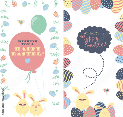 Easter bunnies and easter eggs. Vector greeting card