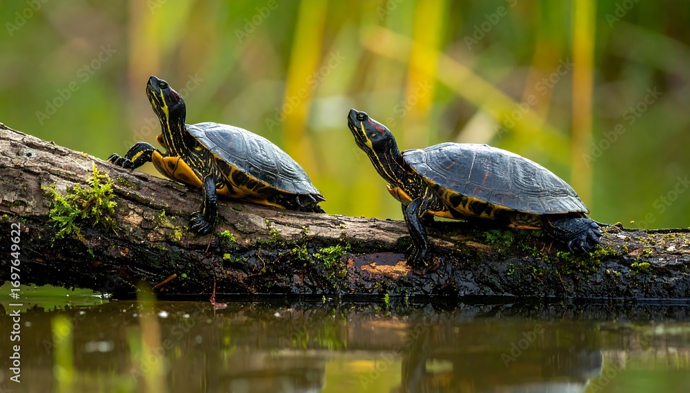 Fototapeta premium Two small turtles on a log over water (1)