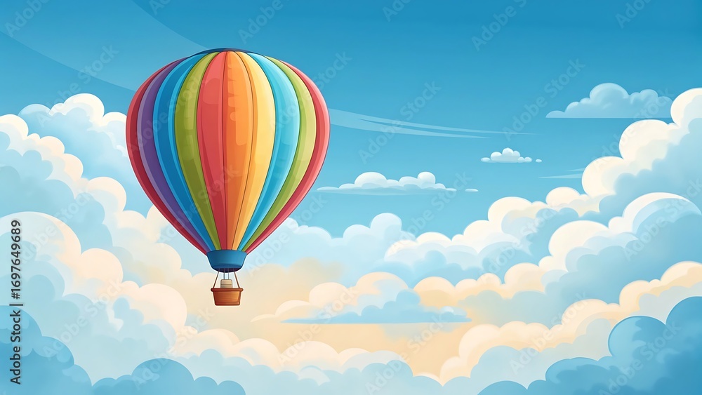 Fototapeta premium Colorful hot air balloon floating serenely amidst fluffy clouds in a bright blue sky, creating a whimsical and uplifting scene