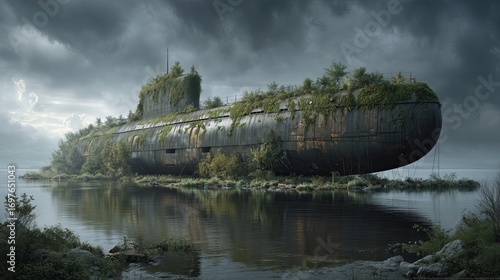 Overgrown abandoned submarine surrounded by swamp and trees under moody sky
