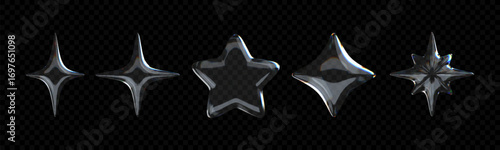 3D crystal glass star with refractive and holographic effects, isolated on a dark background.