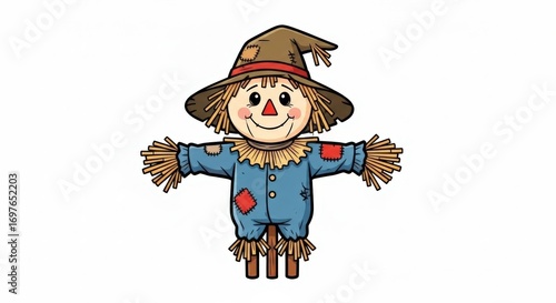 Cheerful Cartoon Scarecrow with Patchwork and Straw Details