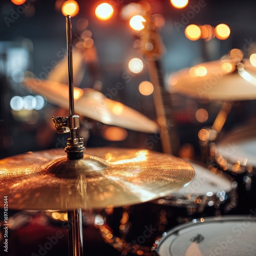 Close-up of drum cymbals and stands in a live music venue