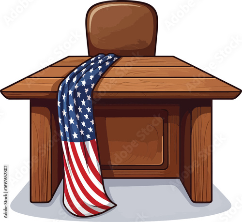 Cartoon illustration of a brown wooden desk with an American flag draped over it, against a clean white background.