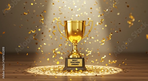 Golden trophy celebrating Best Teacher Award with confetti, perfect for honoring educators and recognizing achievements, ideal for school events