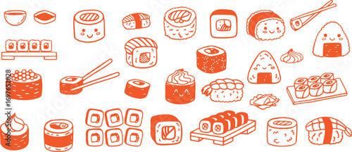 Sushi Icons, Japanese Food, Sushi Sketches, Culinary Art, Japanese Cuisine, Seafood Art, Sushi Drawing, Food Icons, Japanese Art, Sushi Graphics, Culinary Sketches, Asian Cuisine, Food Art, Sea Delica