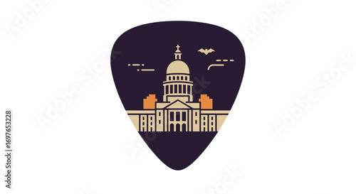 This unique flat design vector illustration features a guitar pick with a minimalist representation of an iconic Austin landmark, symbolizing the city's deep connection to music