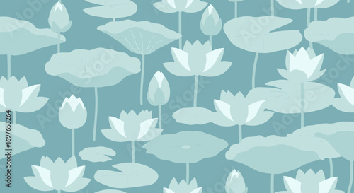Elegant Lotus Flower And Pad Seamless Repeat Pattern In Teal