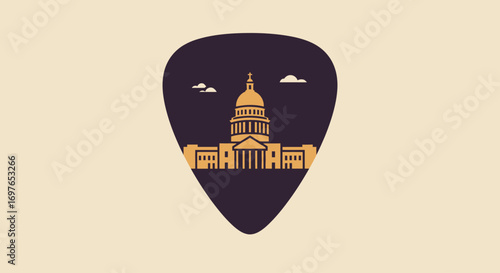 This unique flat design vector illustration features a guitar pick with a minimalist representation of an iconic Austin landmark, symbolizing the city's deep connection to music