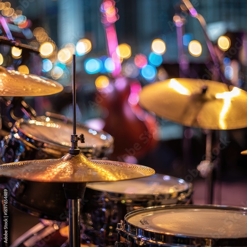Drum set on stage at night.  City lights blur in background