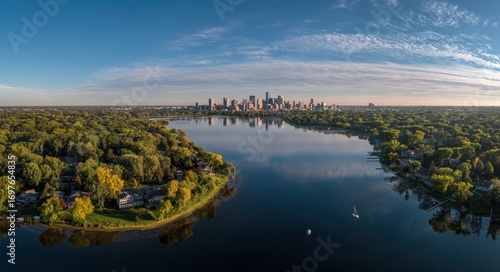 Fototapeta Naklejka Na Ścianę i Meble -  Skyline Minneapolis. Aerial View of Lake Harriet with Urban Skyline and Nature Surroundings