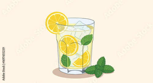 Refreshing glass of lemonade with mint and ice cubes garnished with lemon slice and fresh mint leaves