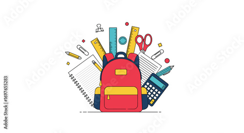 Vibrant back to school supplies illustration featuring a backpack ruler scissors calculator and notebooks