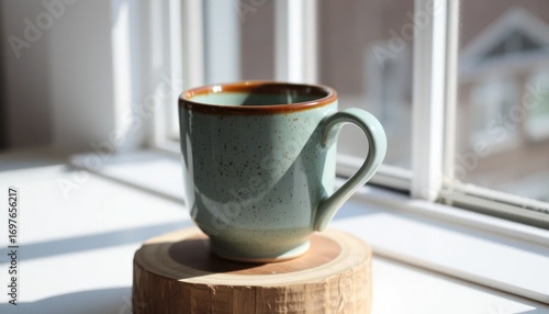 Elegant Ceramic Coffee Mug on Wooden Tray near Window sunlight
