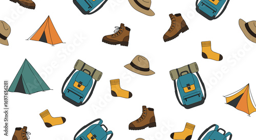 Outdoor adventure gear pattern featuring camping tents hiking boots backpacks and warm socks for wilderness exploration