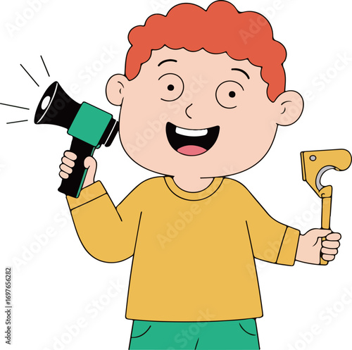 Cartoon Boy with Megaphone and Toy Tool