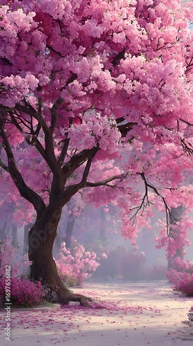  Full Sakura Tree In Bloom, Its Branches Covered In Thousands Of Pink Cherry Blossoms. Petals Gently Fall To The Ground, Creating A Romantic Pastel Atmosphere. No Distr