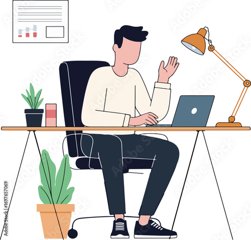 Man Working at Desk with Laptop