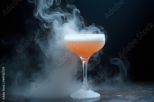 A cocktail glass with smoke swirling from dry ice.
