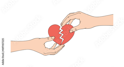Two hands carefully holding together a red broken heart shape demonstrating connection and repair efforts