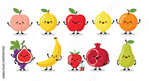 A delightful collection of adorable fruits featuring happy faces and playful poses spreading joy and sweetness