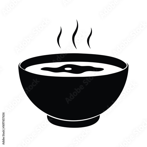 Black and white illustration of steaming bowl of soup or gravy food, bowl of soup silhouette vector illustration