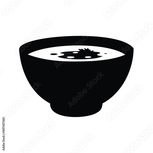 Monochrome illustration of a bowl filled with broth and garnish floating atop, bowl of soup silhouette vector illustration