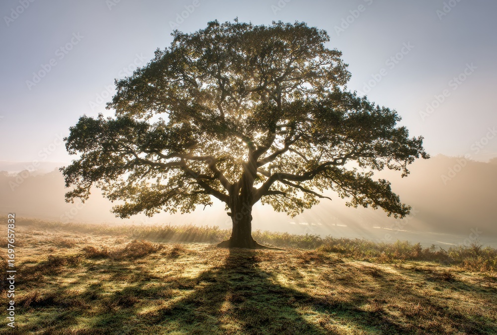 Obraz premium Majestic Oak Tree at Sunrise in a Misty Field