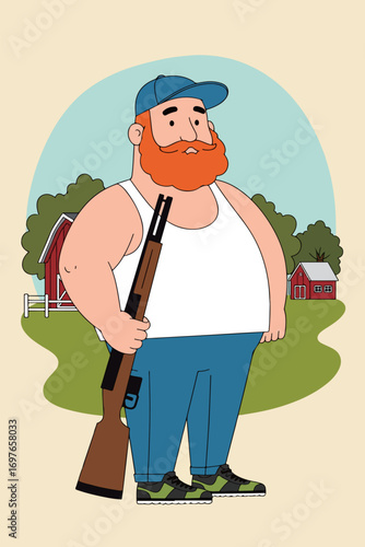 Cartoon Hunter with Rifle on Farm