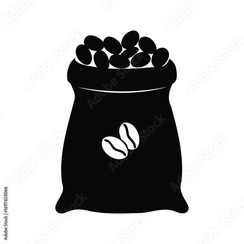 Black silhouette of a bag filled with coffee beans illustration, coffee beans in bag silhouette vector illustration