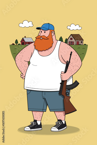 Cartoon Hunter with Rifle on Farm