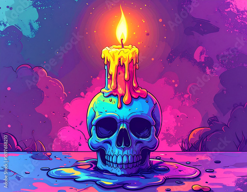 Spooky skull candle with melting wax and glowing flame