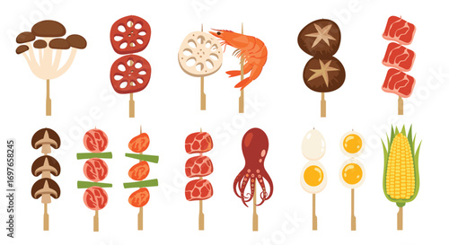 Collection of delicious kushiage skewers featuring fresh ingredients and savory meats cooked to perfection for a delightful culinary experience