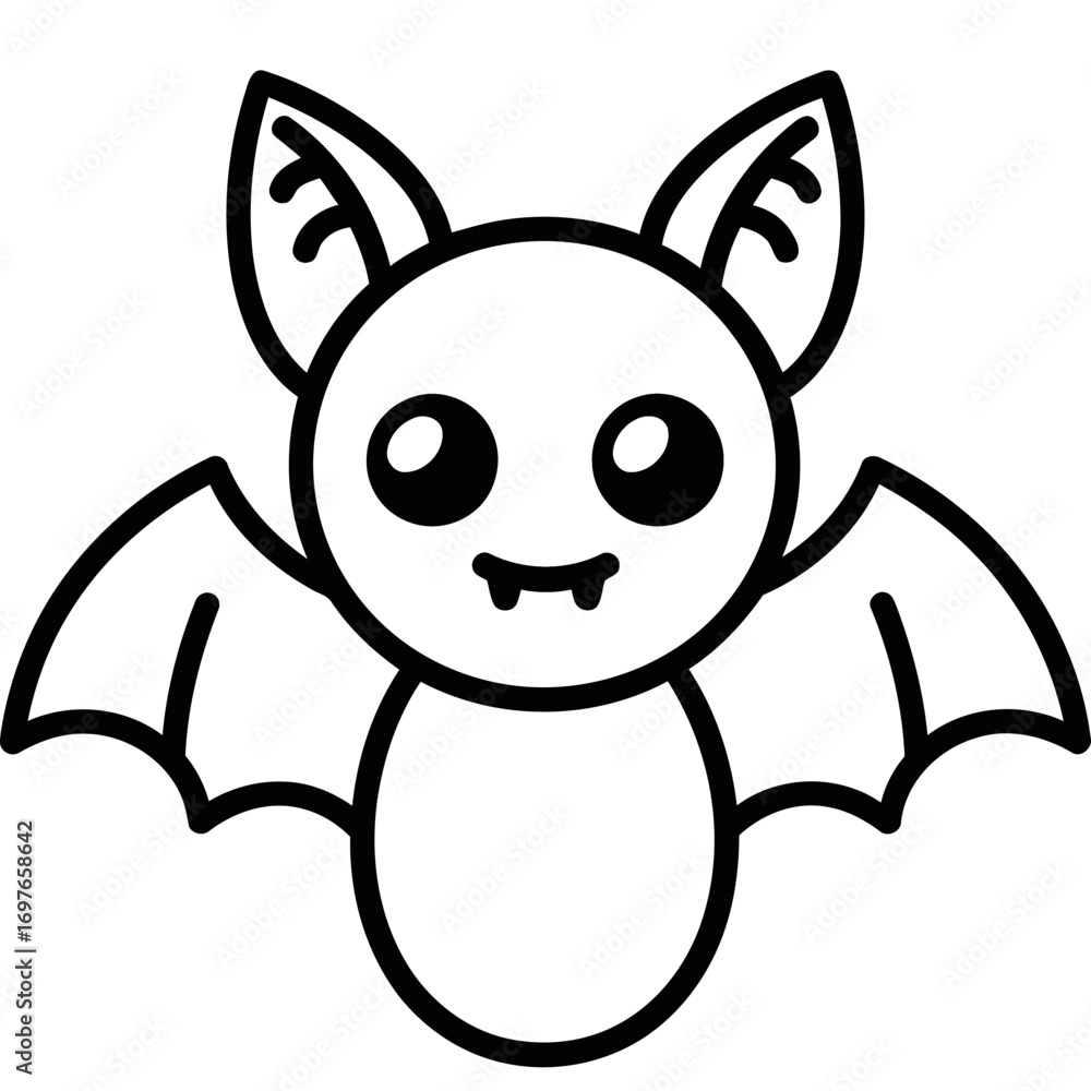 Fototapeta premium Cute cartoon bat outline drawing with big eyes and small fangs, a simple black and white illustration.