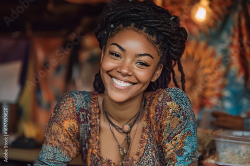 Smiling young Black woman with dreadlocks in a colorful bohemian outfit.
