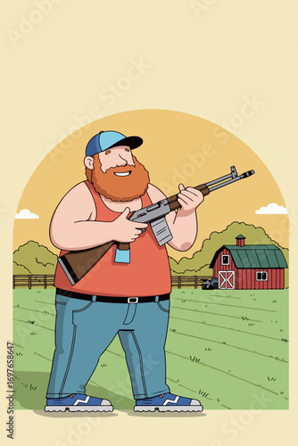 Cartoon Hunter with Rifle on Farm