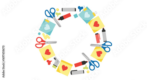 Creative crafting supplies arranged in a circle for artistic projects and handmade creations