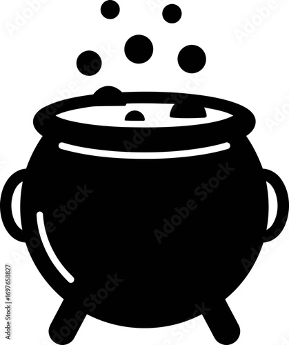 A black and white illustration of a cauldron with steam rising from it.