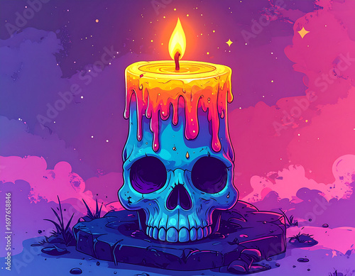 Spooky skull candle with melting wax and glowing flame