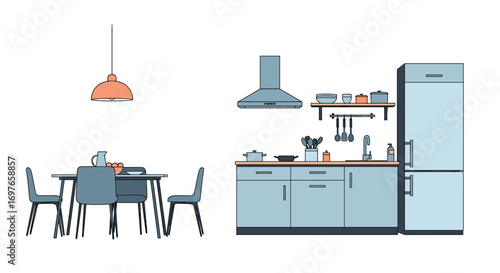 Modern kitchen and dining area design with light blue cabinets and stainless steel appliances and accents