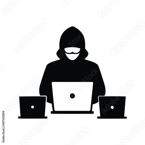 A hooded hacker with multiple laptops preparing cyber attack illustration vector, hacker on multiple devices silhouette vector illustration