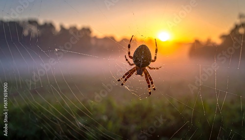 Fototapeta Naklejka Na Ścianę i Meble -  Spider in web at sunrise
