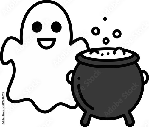 A cute, smiling cartoon ghost floats next to a bubbling black cauldron filled with a magic potion.