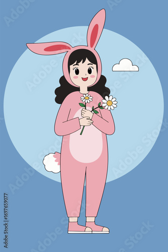 Girl in Bunny Costume Holding Flower