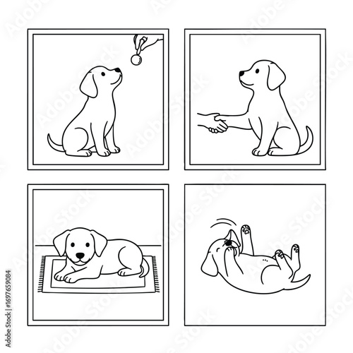 A fourpanel black and white line art illustration of a cute puppy learning tricks and playing.