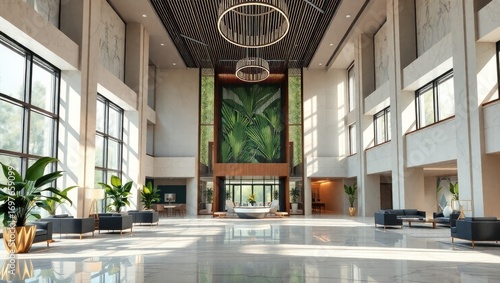 Elegant hotel lobby with high ceilings and lush greenery