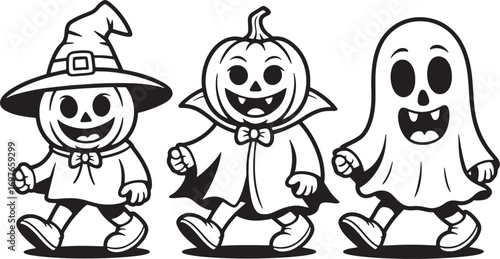 Cute halloween characters pumpkin ghost witch outlines walking happily together