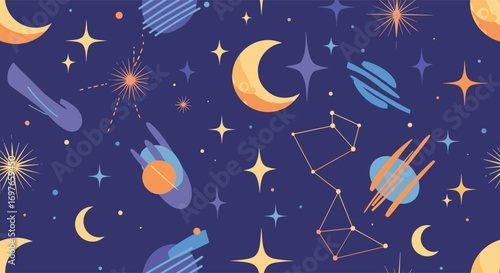 Whimsical pixel art celestial background featuring cresent moons stars and planets for digital design projects